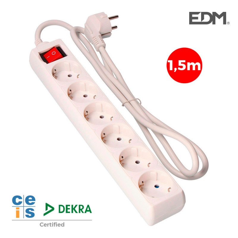 Base multiple 6 tomas schuko com interruptor 1,5m 3x1,5mm Base multiple 6 tomas schuko com interruptor 1,5m 3x1,5mm
