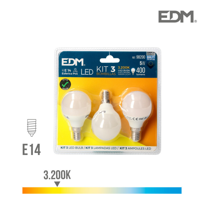 Kit 3 bombillas led esfericas 5w e14 3.200k luz calida edm Kit 3 bombillas led esfericas 5w e14 3.200k luz calida edm