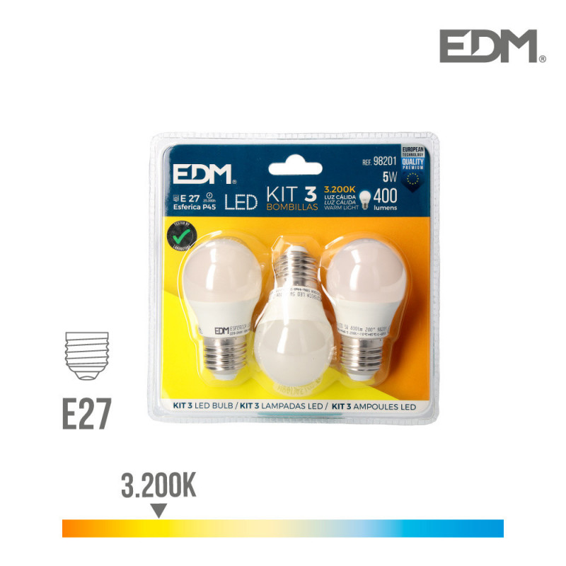 Kit 3 bombillas led esfericas 5w e27 3.200k luz calida edm Kit 3 bombillas led esfericas 5w e27 3.200k luz calida edm