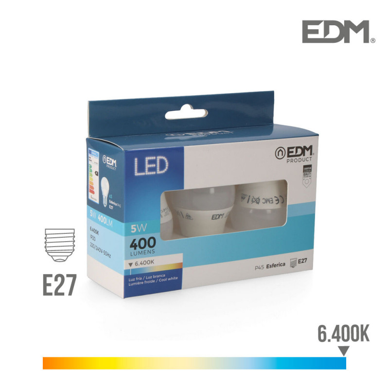 Kit 3 bombillas led esfericas 5w e27 6.400k luz fria edm Kit 3 bombillas led esfericas 5w e27 6.400k luz fria edm