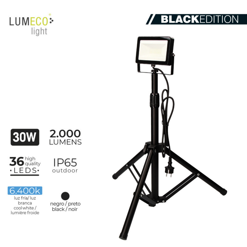 Foco proyector led  con tripode 30w 6400k 2000 lumens "black edition" lumeco