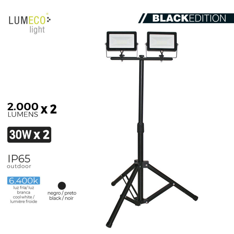 Foco proyector led con tripode 2x 30w 6400k 2 x 2000 lumens "black edition" lumeco Foco proyector led con tripode 2x 30w 6400k 2 x 2000 lumens "black edition" lumeco