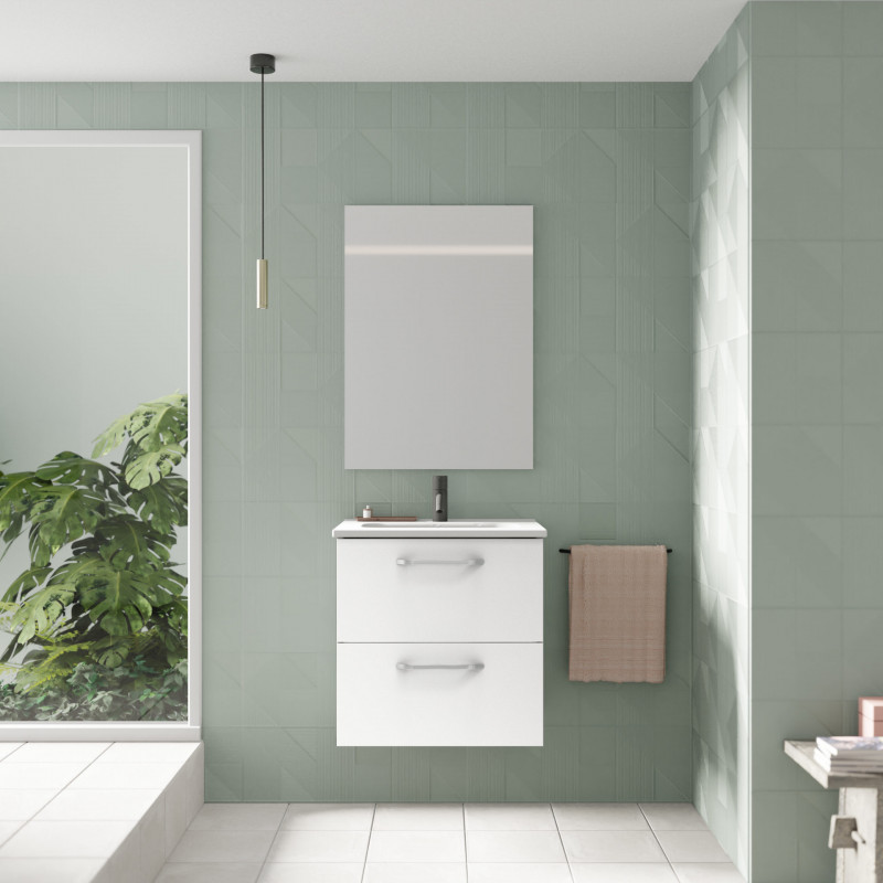 comprar Conjunto Hone Mueble Baño Blanco Brillo 50cm 2 Cajones + Lavabo y Espejo. online - Amizuva