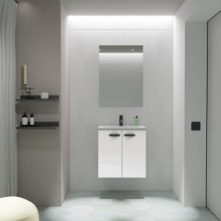 Conjunto Aneko Mueble Baño Blanco Brillo 50cm 2 Puertas +  Lavabo y Espejo.