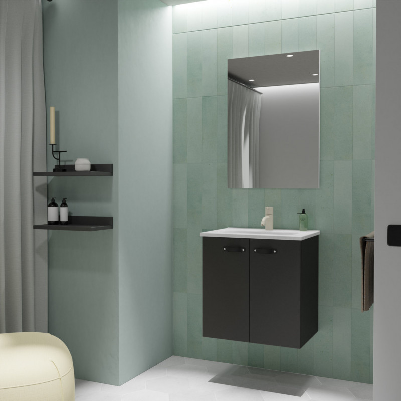 comprar Conjunto Aneko Mueble Baño Antracita Brillo 50cm 2 Puertas + Lavabo y Espejo. online - Amizuva