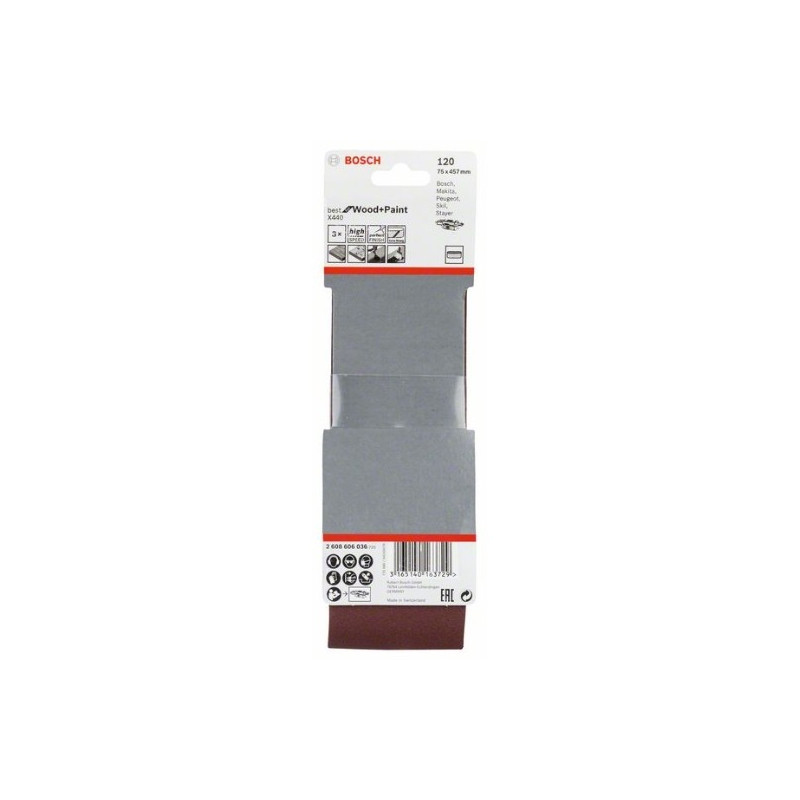 Estuche de 3 bandas de lija Bosch Best for Wood and Paint X440 Grano 120 75x457 mm.