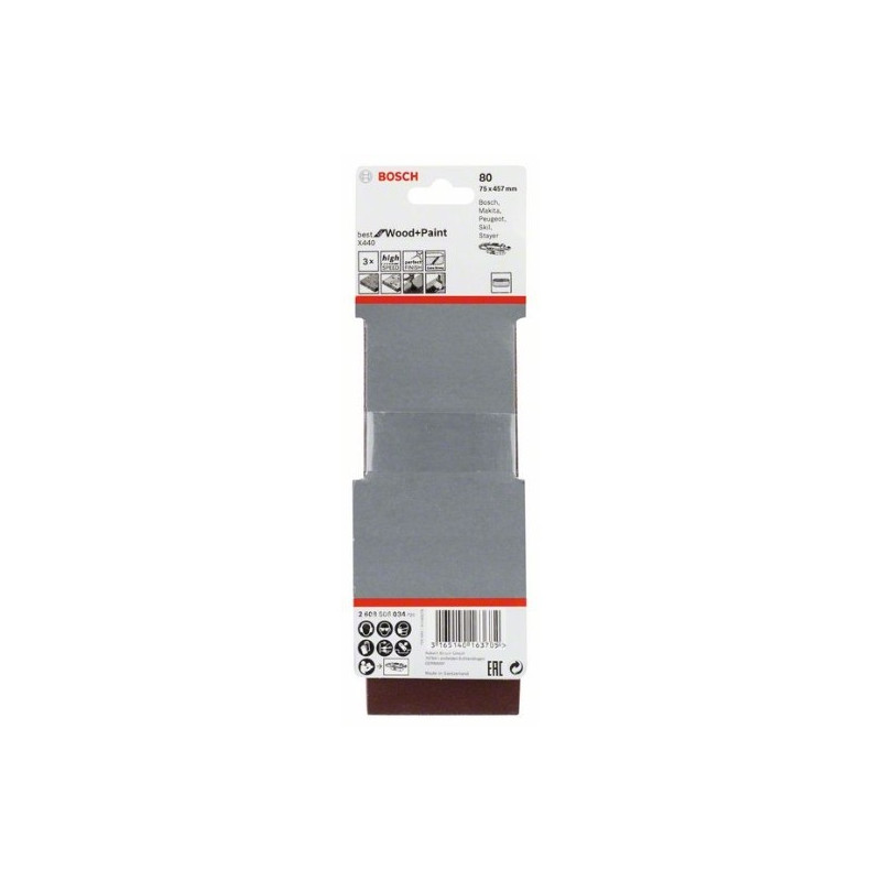 Estuche de 3 bandas de lija Bosch Best for Wood and Paint X440 Grano 80 75x457mm.